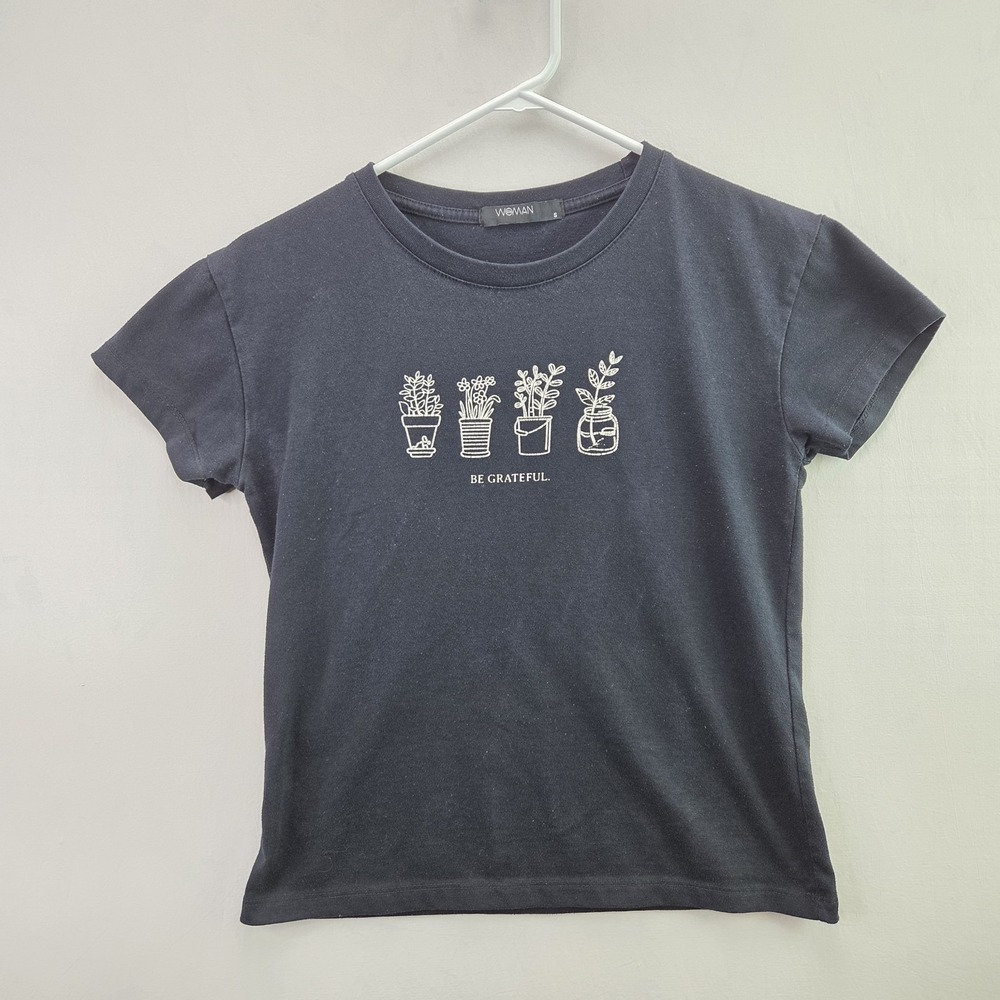 WOMAN Womens Small Black Graphic T-Shirt Be Grateful Plant Pot Nature Tee
